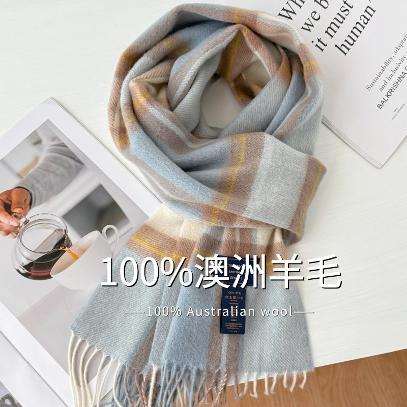 100%澳洲wool蔚蓝摩卡纯羊毛格子围巾女冬季高级感2025新款围脖男