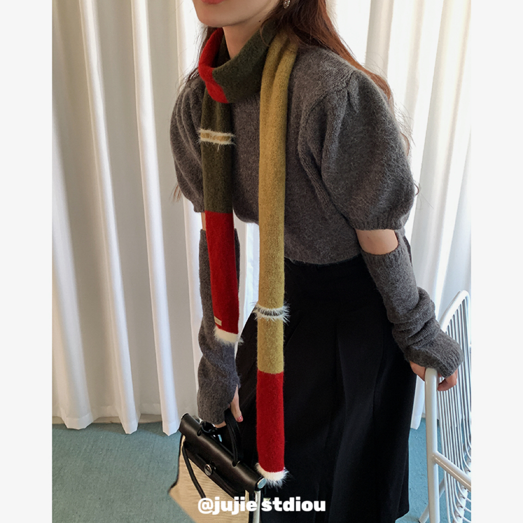 冬季百搭女拼色毛毛围巾保暖护颈