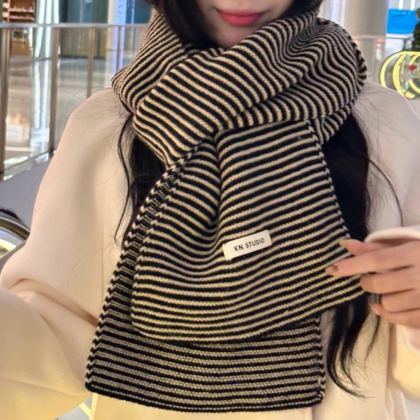 黑白条纹秋冬季经典复古基础款针织围巾时尚百搭保暖护颈毛线围脖