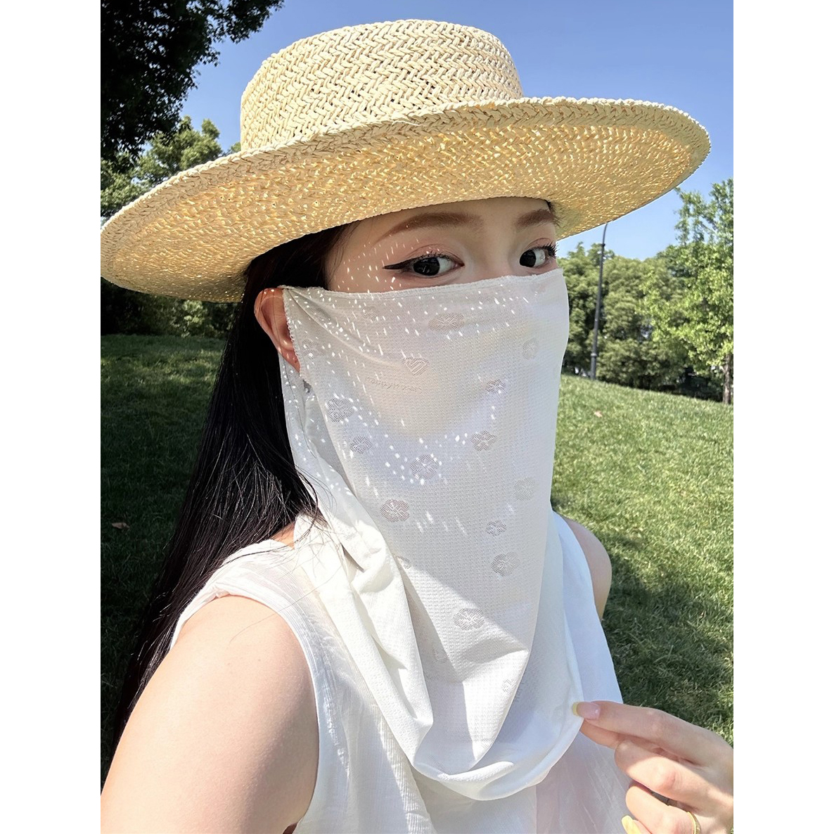 薄款透气防晒面罩加长款护颈口罩花朵暗纹网纱骑行开车遮阳夏季女