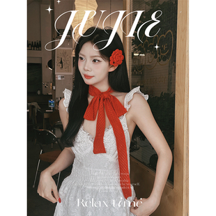 红色立体玫瑰花镂空针织细窄长条领巾春夏薄款装饰围巾高级感发带