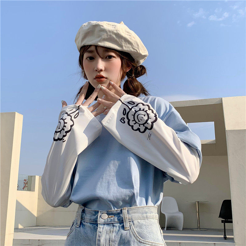 黑白简笔画简约卡通夏季宽松袖套女遮阳防晒长款冰袖户外素描可爱