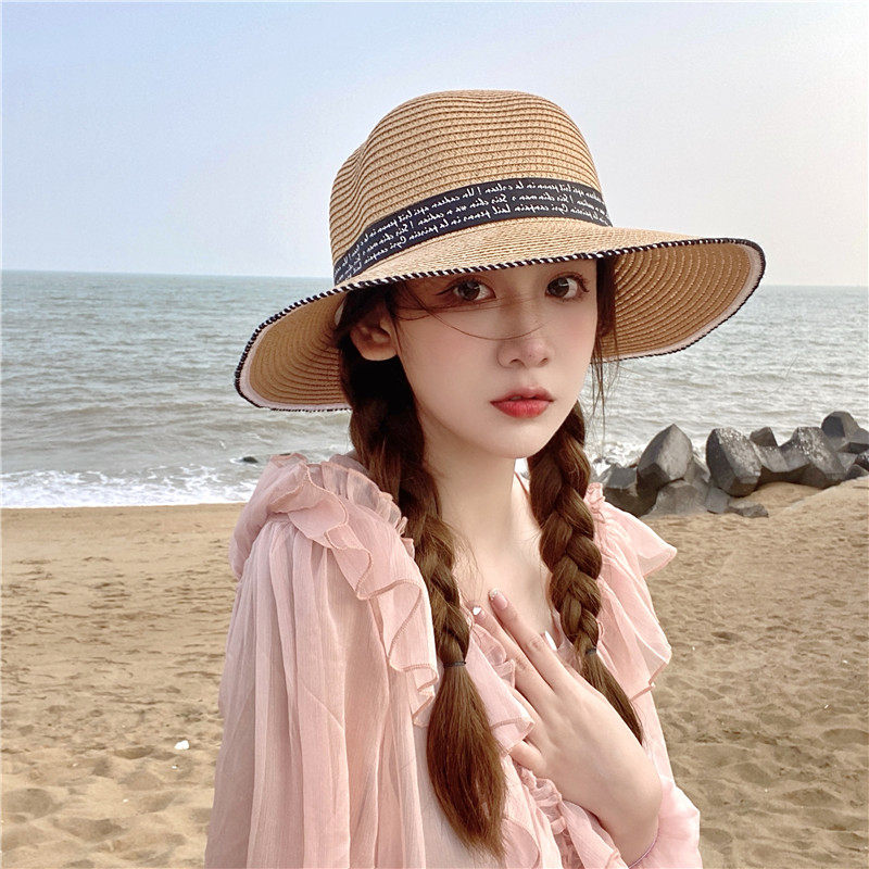 草编麦秆平顶草帽少女夏天小清新礼帽出游海边遮阳帽盆帽沙滩帽子