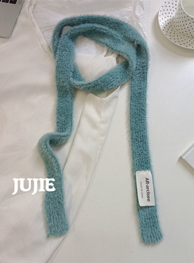 湖蓝色日式小众设计长条窄版围巾少女秋冬新款纯色百搭装饰小围脖