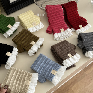 饰 饰毛线装 y2k针织蕾丝花边手套女秋冬季 保暖半指毛线针织手套装