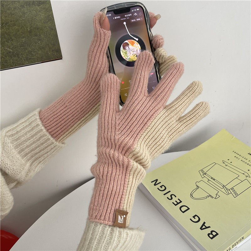 秋冬双色针织毛线手套保暖女露二指韩版冬天骑车可爱防寒分指情侣