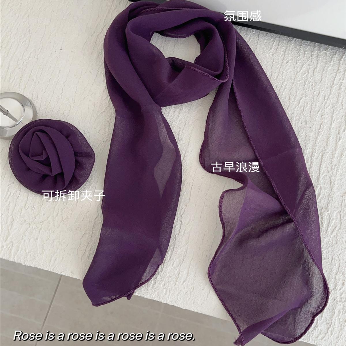 紫色玫瑰丝巾法式氛围感纯色简约领巾复古辣妹春夏季长条丝巾发带