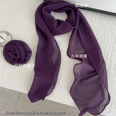 紫色玫瑰丝巾法式氛围感纯色简约领巾复古辣妹春夏季长条丝巾发带