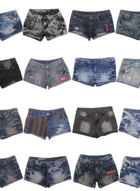 古着美式牛仔超短辣妹Y2K千禧亚文化亚比朋克涩谷骷髅低腰短裤N8