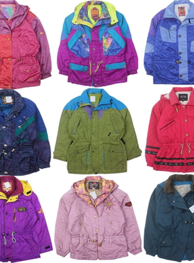 古着vintage日系滑雪服原宿撞色收腰复古拼色棉服外套男女K8