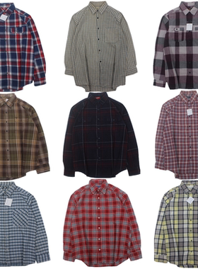 vintage古着日系衬衣复古宽松经典格子长袖衬衫男女T32