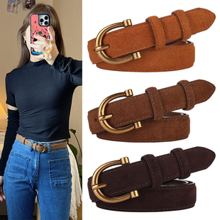 真皮女士皮带棕色腰带麂皮绒休闲牛仔裤 带百搭秋冬美拉德2025新款