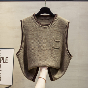 毛衣外穿上衣坎肩 假两件针织马甲背心女拼色套头无袖 2026春装 新款
