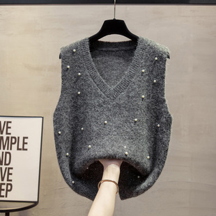 坎肩毛衣女 针织马甲背心女钉珠上衣深灰色套头无袖 2025年秋装 新款