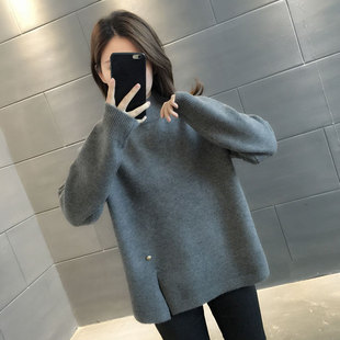 秋冬新款半高领毛衣下摆开叉设计高级感欧洲站宽松气质针织毛衣女