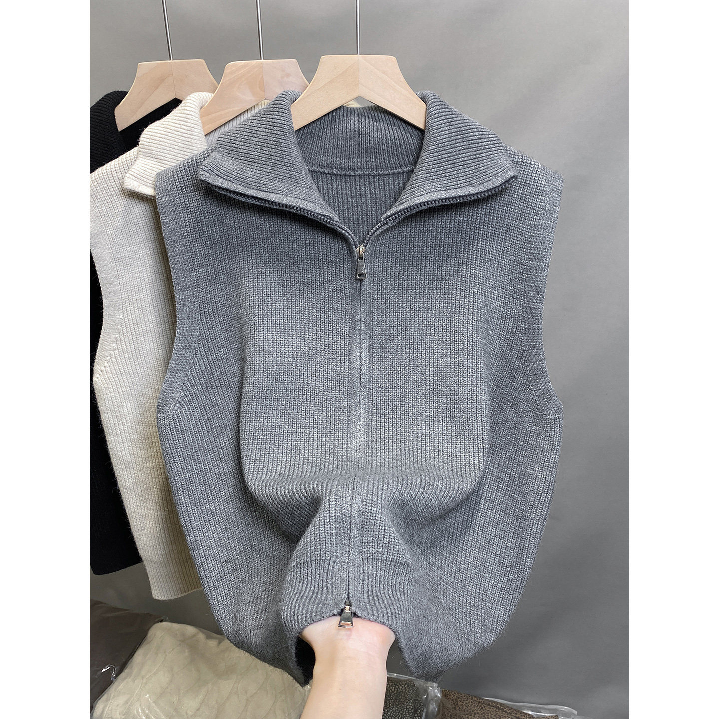 翻领双拉链无袖针织开衫软糯舒适无袖坎肩马甲背心女叠穿上衣外套,女装/女士精品,马夹,淘宝优惠券,粉丝福利购,淘宝优惠卷