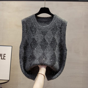 坎肩毛衣 针织马甲背心女菱格提花亮片上衣套头无袖 2025年秋装 新款