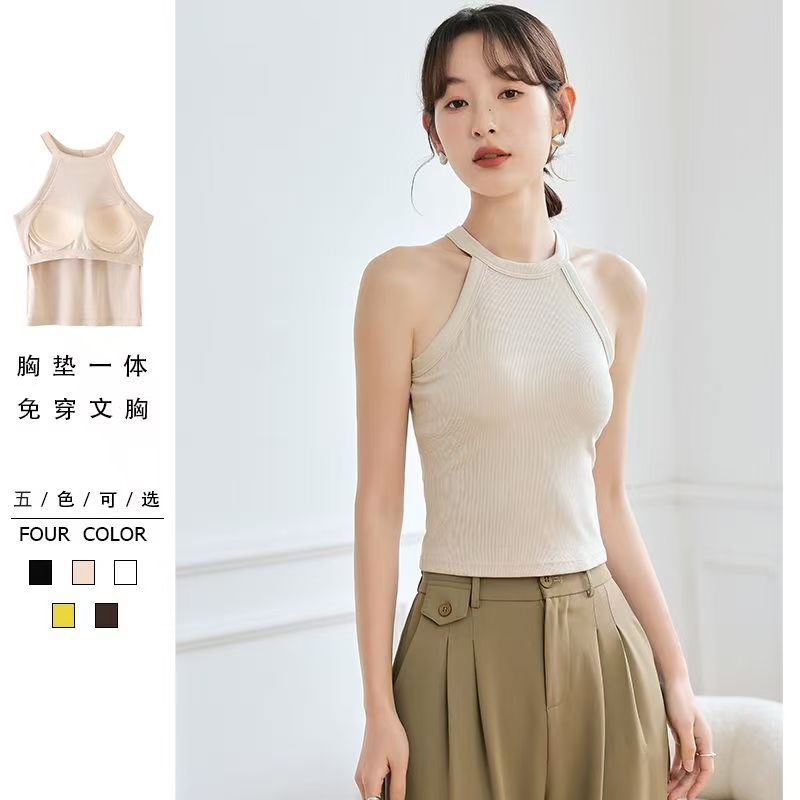挂脖吊带背心女带胸垫外穿夏美背内衣文胸一体式内搭运动瑜伽打底