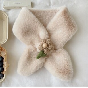 毛绒围巾短款毛线花朵冬季仿皮草毛毛巾细窄保暖毛绒领巾交叉围脖