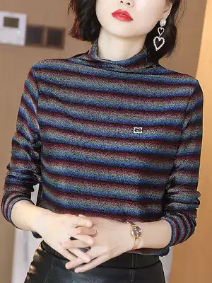 Semi-turtleneck plus velvet bottoming shirt 202 autumn and winter new top bright silk striped T-shirt European fashion western style small shirt