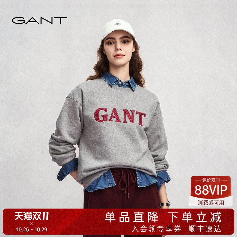 GANT/甘特秋冬女士加绒外套上衣学院风刺绣休闲运动套头圆领卫衣