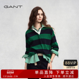 GANT/甘特秋冬季新款女士纯棉横条纹翻领长袖T恤宽松休闲百搭上衣