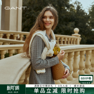 新款 甘特秋冬季 GANT 女士中长裙翻领绞花针织连衣裙 100%羊毛