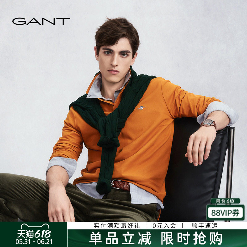 GANT/甘特秋冬新款男装棉质POLO领长袖T恤衫纯色翻领休闲内搭上衣