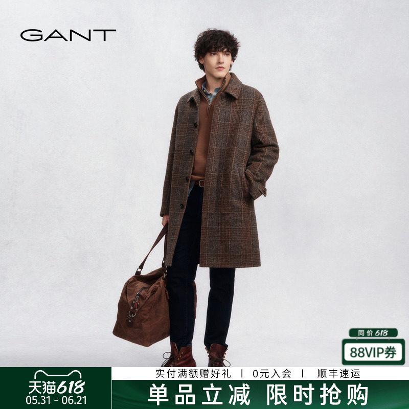 GANT/甘特秋冬季新款男士外套复古格纹翻领休闲老钱风羊毛呢大衣