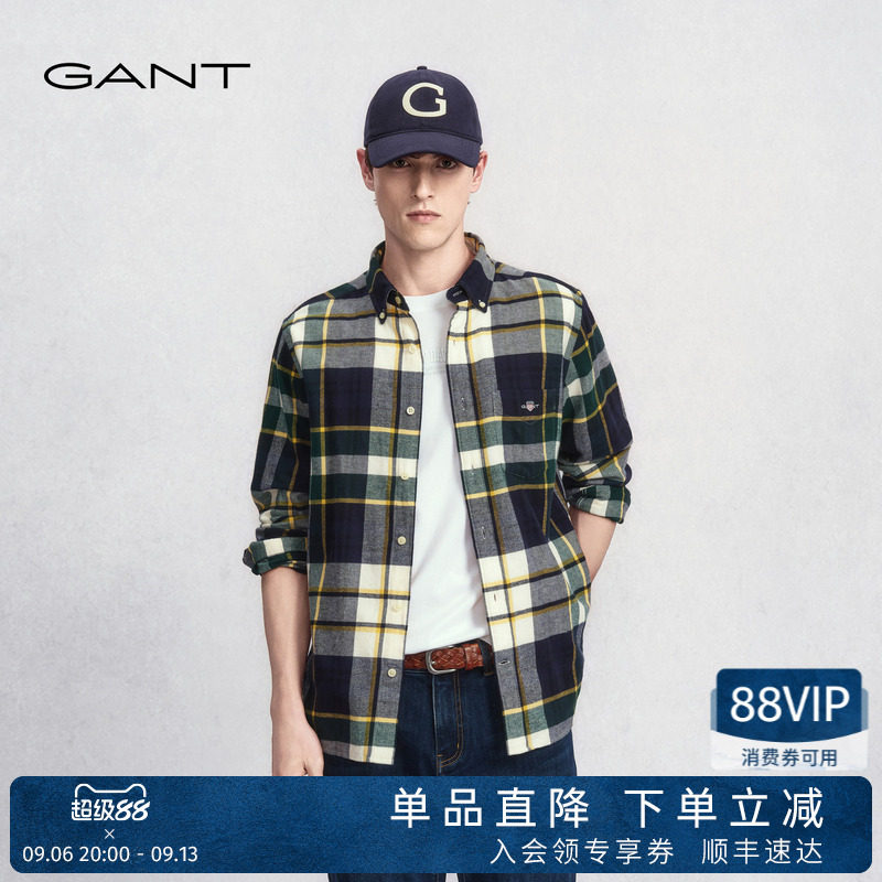 【磨毛衬衫】GANT/甘特秋冬新款男装学院风上衣纯棉格纹休闲衬衣