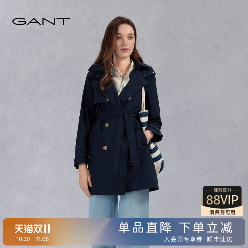 GANT/甘特新款女士复古双排扣系带中长款风衣可拆卸连帽气质外套