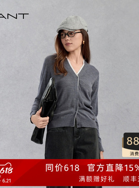 【100%羊毛】GANT/甘特秋新款女士假两件V领灰色通勤休闲针织开衫