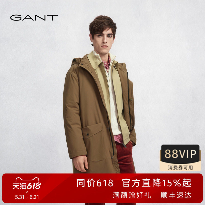 GANT/甘特秋冬男士中长款外套连帽厚款拉链时尚御寒通勤休闲棉服