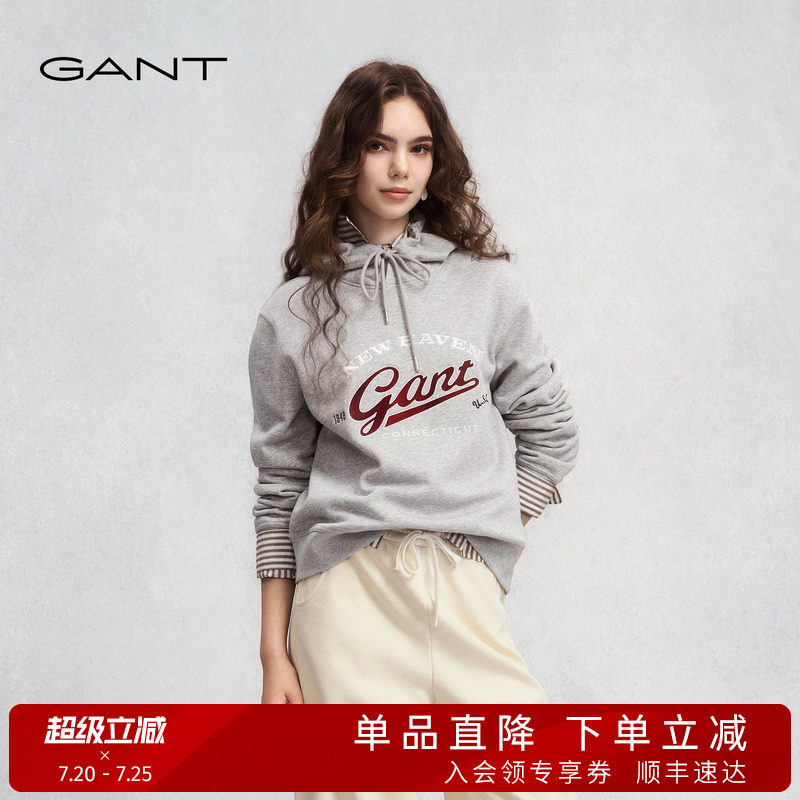 GANT/甘特秋冬新款女装复古学院风字母刺绣美式休闲运动连帽卫衣