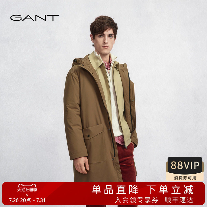 GANT/甘特秋冬男士中长款外套连帽厚款拉链时尚御寒通勤休闲棉服