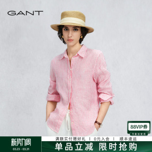 甘特26春夏女士纯亚麻复古老钱风条纹长袖 GANT 衬衣 源野衬衫