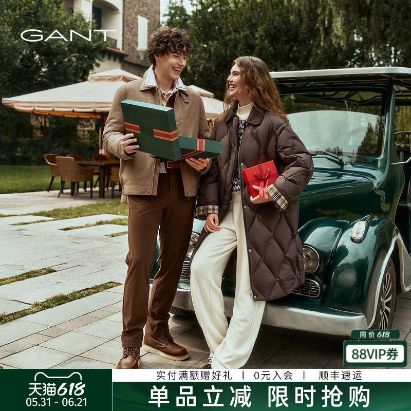 GANT/甘特秋冬季新款女士中长款菱格复古老钱风翻领羽绒服外套