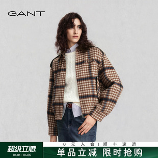 GANT 新款 女士毛呢大衣羊毛混纺复古格纹翻领短款 外套 甘特秋冬季
