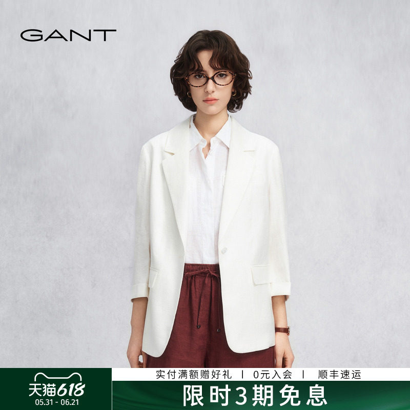 【100%亚麻】GANT/甘特26春夏女士老钱风白色松弛老钱风休闲西服