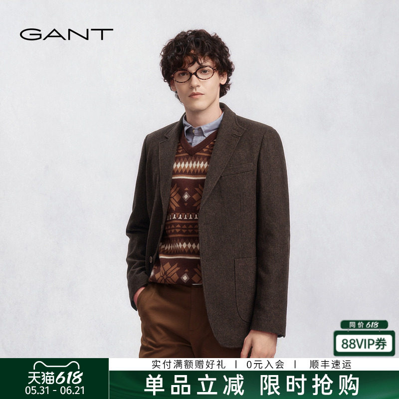 【100%绵羊毛】GANT/甘特25秋冬男上衣平驳领复古休闲单西服外套
