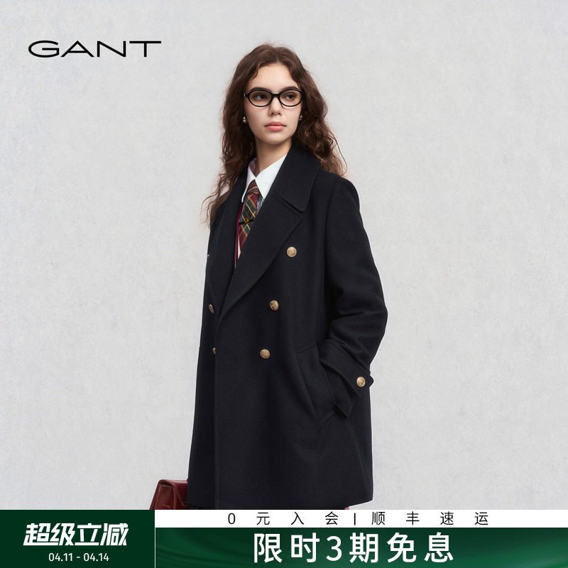 GANT/甘特秋冬新款女士羊毛呢通勤大衣复古英伦学院风双排扣外套