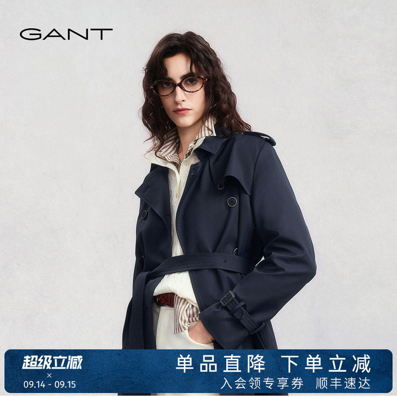 GANT/甘特秋冬季新款女士复古老钱风双排扣大翻领中长款风衣外套