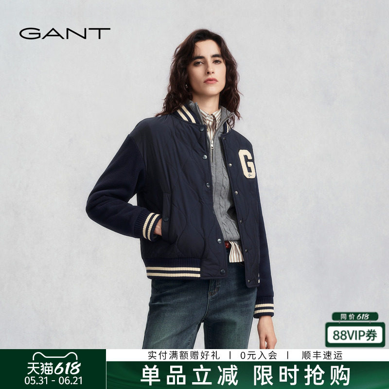 GANT/甘特秋冬新款女士绗线棉服针织拼接学院风棒球服夹克衫外套