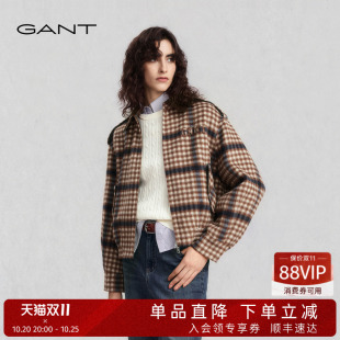 GANT/甘特秋冬季新款女士毛呢大衣羊毛混纺复古格纹翻领短款外套