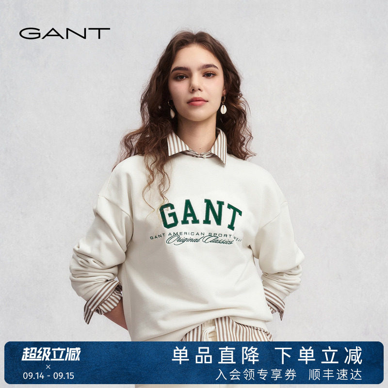 GANT/甘特春秋新款女士休闲圆领复古学院风字母刺绣舒适套头卫衣