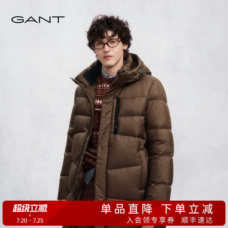 GANT/甘特冬季男士外套纯色简约抽绳连帽休闲中长款白鸭绒羽绒服