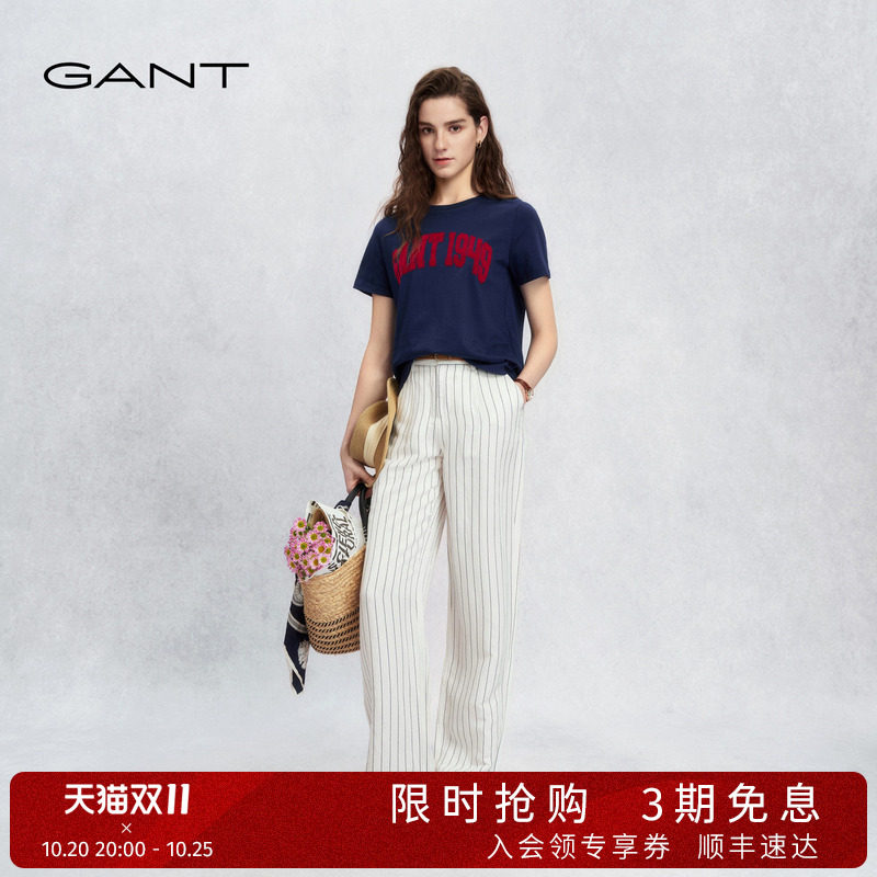 GANT/甘特26夏季新款女士亚麻混纺条纹直筒宽松显瘦老钱风休闲裤