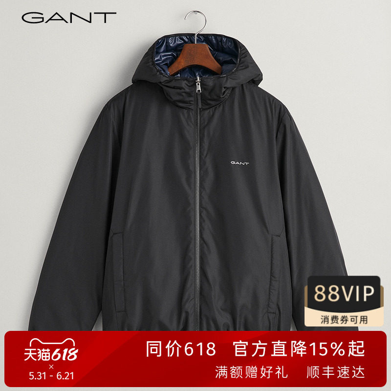 GANT/甘特秋冬新款男士美式休闲风宽松帅气纯色连帽通勤夹克棉服
