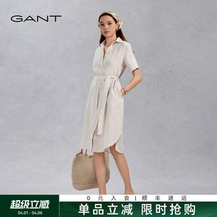甘特夏新款 GANT 100%亚麻 休闲连衣裙 衬衫 裙翻领腰带短袖 女装