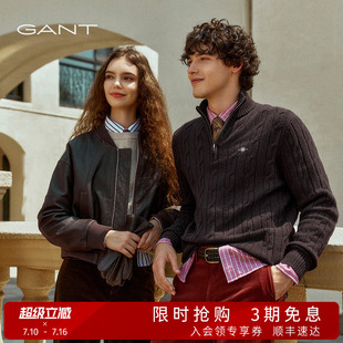 GANT/甘特2025秋冬季新款女士复古深棕色棒球领短款皮衣夹克外套
